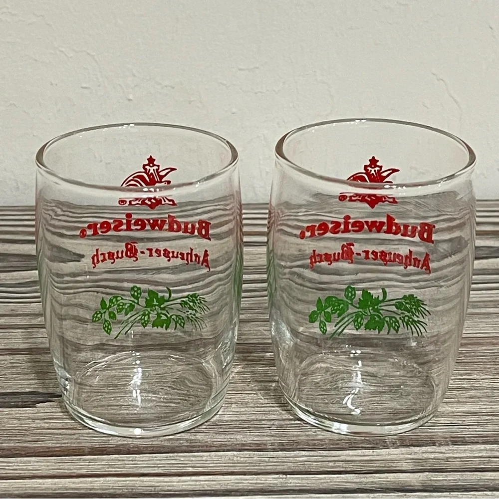 Budweiser Anheuser Busch Barrel Shaped Clear Glasses Set Red Eagle Logo 60s VTG